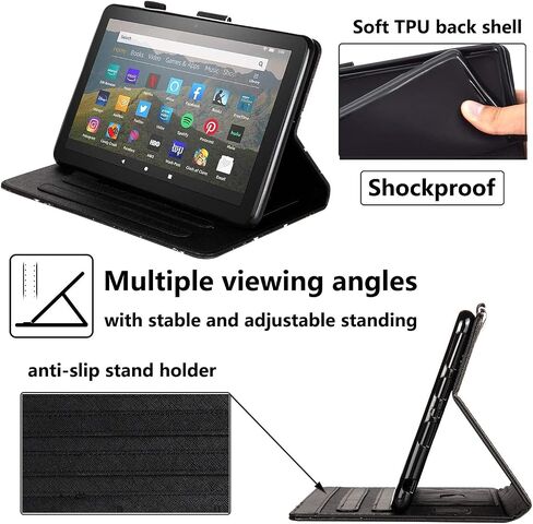 تابلت Kindle Fire HD 8 إصدار 2020 مقاس 8 بوصات (الجيل العاشر) وحافظة Fire HD 8 Plus 2020 (الجيل العاشر) مع جيوب حامل أقلام الرصاص [تنشيط/غفو تلقائي] غطاء فوليو ستاند ذكي من جلد البولي يوريثان، زهرة أرجوانية in Kuwait
