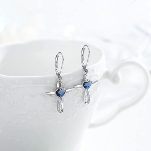 Midir&Etain أجنحة الملاك الصليب قلادة / أقراط للنساء الفتيات 925 الفضة الاسترليني الأزرق القلب كريستال الجارديان الملاك قلادة الصليب قلادة تميمة مجوهرات هدايا in Kuwait