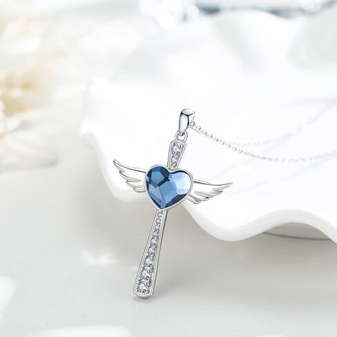 Midir&Etain أجنحة الملاك الصليب قلادة / أقراط للنساء الفتيات 925 الفضة الاسترليني الأزرق القلب كريستال الجارديان الملاك قلادة الصليب قلادة تميمة مجوهرات هدايا in Kuwait
