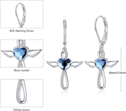 Midir&Etain أجنحة الملاك الصليب قلادة / أقراط للنساء الفتيات 925 الفضة الاسترليني الأزرق القلب كريستال الجارديان الملاك قلادة الصليب قلادة تميمة مجوهرات هدايا in Kuwait