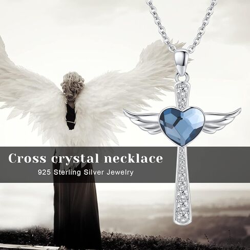 Midir&Etain أجنحة الملاك الصليب قلادة / أقراط للنساء الفتيات 925 الفضة الاسترليني الأزرق القلب كريستال الجارديان الملاك قلادة الصليب قلادة تميمة مجوهرات هدايا in Kuwait