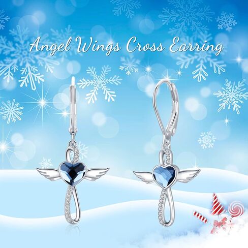 Midir&Etain أجنحة الملاك الصليب قلادة / أقراط للنساء الفتيات 925 الفضة الاسترليني الأزرق القلب كريستال الجارديان الملاك قلادة الصليب قلادة تميمة مجوهرات هدايا in Kuwait