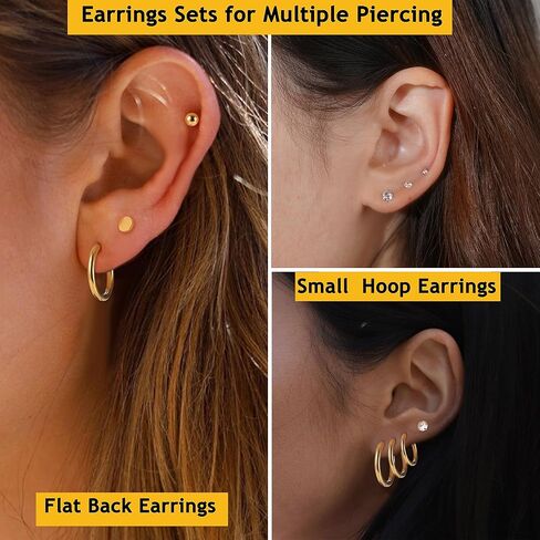 LOYALLOOK 12 زوجًا من أقراط الغضروف أقراط صغيرة للنساء مطلية بالذهب من الفولاذ المقاوم للصدأ طقم أقراط لثقب متعدد in Kuwait