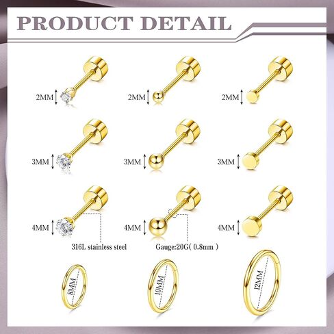 LOYALLOOK 12 زوجًا من أقراط الغضروف أقراط صغيرة للنساء مطلية بالذهب من الفولاذ المقاوم للصدأ طقم أقراط لثقب متعدد in Kuwait