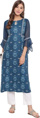 Janasya Teal Poly Crepe Kurta For Women in Saudi Arabia