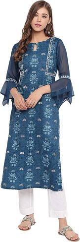 Janasya Teal Poly Crepe Kurta For Women in Saudi Arabia
