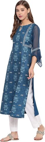 Janasya Teal Poly Crepe Kurta For Women in Saudi Arabia