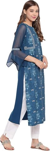 Janasya Teal Poly Crepe Kurta For Women in Saudi Arabia