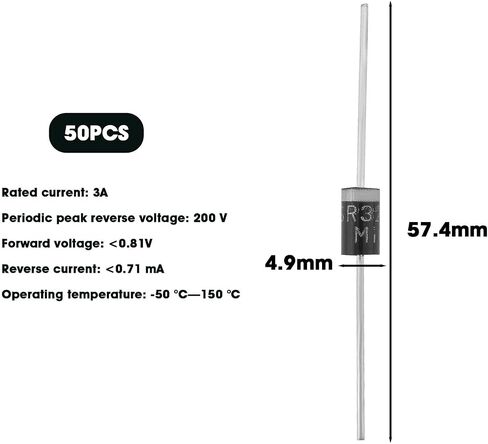 SING F LTD 50PCS SR3200 (S3200) Schottky Barrier Rectifier Diodes DO-201 200V 3A 57.4x4.9mm High-Efficiency Rectifier Diode for Consumer Electronics Automobiles and Solar Systems in Saudi Arabia