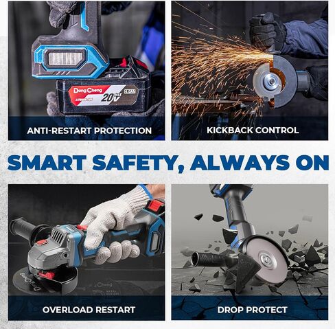 Dong Cheng Cordless Angle Grinder 20V 4-1/2 inch, 9000RPM with Variable Speed, Slide Switch, DSC Protection for Cutting, Grinding, Polishing, Included 6 Discs & 4.0Ah Battery Charger Kit in Kuwait