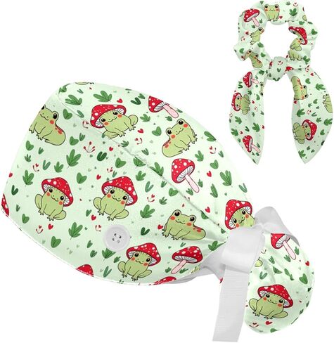 قبعات فرك النساء ، والأغطية الجراحية للنساء مع حقيبة ذيل حصان وأزرار ، وقبعات فرك بوفانت مع القوس scrunchie للشعر الطويل ، وضفدع الفطر نبات القلب على خضراء فاتحة in Kuwait