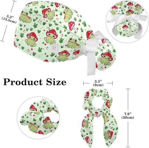 قبعات فرك النساء ، والأغطية الجراحية للنساء مع حقيبة ذيل حصان وأزرار ، وقبعات فرك بوفانت مع القوس scrunchie للشعر الطويل ، وضفدع الفطر نبات القلب على خضراء فاتحة in Kuwait