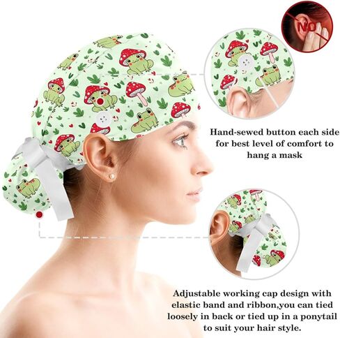 قبعات فرك النساء ، والأغطية الجراحية للنساء مع حقيبة ذيل حصان وأزرار ، وقبعات فرك بوفانت مع القوس scrunchie للشعر الطويل ، وضفدع الفطر نبات القلب على خضراء فاتحة in Kuwait