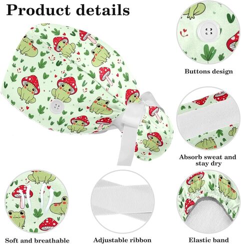 قبعات فرك النساء ، والأغطية الجراحية للنساء مع حقيبة ذيل حصان وأزرار ، وقبعات فرك بوفانت مع القوس scrunchie للشعر الطويل ، وضفدع الفطر نبات القلب على خضراء فاتحة in Kuwait