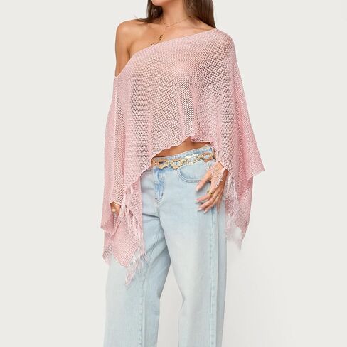 SOLILOQUY Women Sequin Knit Poncho Fringe Hem Off Shoulder See-through Crochet Cape Sheer Shrug Lightweight Beach Cover Ups in Saudi Arabia