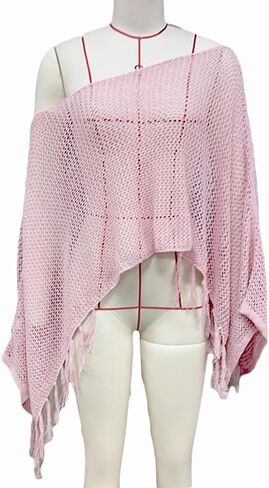 SOLILOQUY Women Sequin Knit Poncho Fringe Hem Off Shoulder See-through Crochet Cape Sheer Shrug Lightweight Beach Cover Ups in Saudi Arabia