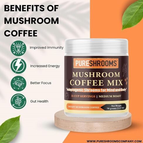 قهوة الفطر 7 في 1 من PureShrooms: عرف الأسد العضوي، تشاجا، ريشي، ذيل الديك الرومي، كورديسيبس، مايتاكي - ارفع صباحك - بديل القهوة (100 جم/3.53 أونصة) in Saudi Arabia