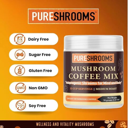 قهوة الفطر 7 في 1 من PureShrooms: عرف الأسد العضوي، تشاجا، ريشي، ذيل الديك الرومي، كورديسيبس، مايتاكي - ارفع صباحك - بديل القهوة (100 جم/3.53 أونصة) in Saudi Arabia