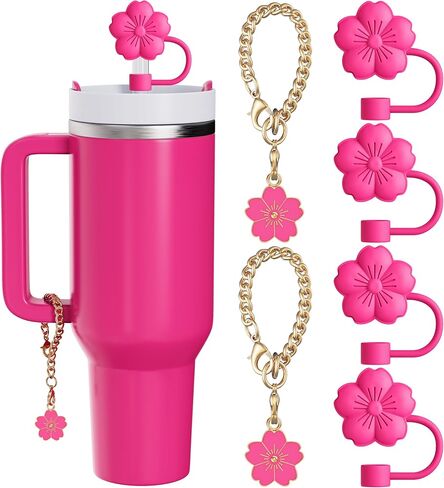 6 Pcs Set Compatible with Stanley Cup Accessories, 4 Hot Pink Flower Straw Toppers Compatible with Stanley Straw Cover 9-10 mm, 2 Cute Flower Charms for Tumbler with Handle in Kuwait