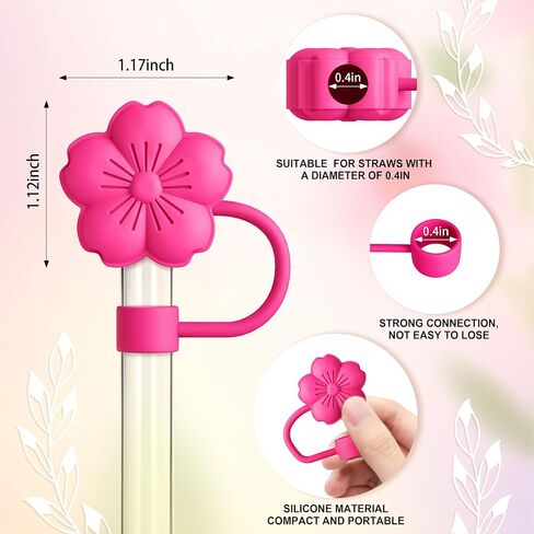 6 Pcs Set Compatible with Stanley Cup Accessories, 4 Hot Pink Flower Straw Toppers Compatible with Stanley Straw Cover 9-10 mm, 2 Cute Flower Charms for Tumbler with Handle in Kuwait