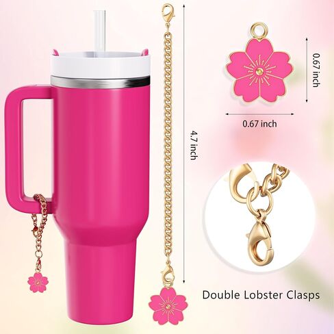 6 Pcs Set Compatible with Stanley Cup Accessories, 4 Hot Pink Flower Straw Toppers Compatible with Stanley Straw Cover 9-10 mm, 2 Cute Flower Charms for Tumbler with Handle in Kuwait