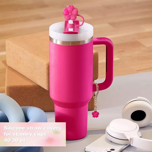 6 Pcs Set Compatible with Stanley Cup Accessories, 4 Hot Pink Flower Straw Toppers Compatible with Stanley Straw Cover 9-10 mm, 2 Cute Flower Charms for Tumbler with Handle in Kuwait