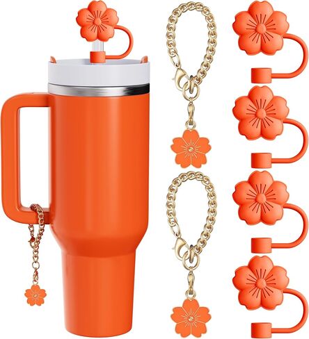 6 Pcs Set Compatible with Stanley Cup Accessories, 4 Hot Pink Flower Straw Toppers Compatible with Stanley Straw Cover 9-10 mm, 2 Cute Flower Charms for Tumbler with Handle in Kuwait