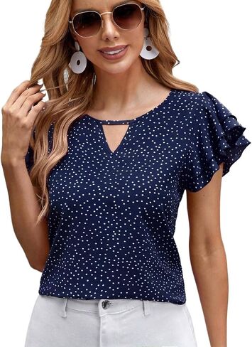 Womens Summer Tops Casual Blouses Casual Polka Dot Short Sleeve Ruffle Tops in Saudi Arabia