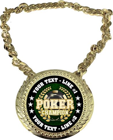 Express Medals Custom Poker Holdem Champ Chain Trophy with 2 Lines of Personalized Text on a Large Rigid Plastic Award Medal and 34 Inch Long Gold Color Neck Chain. Poker in Saudi Arabia