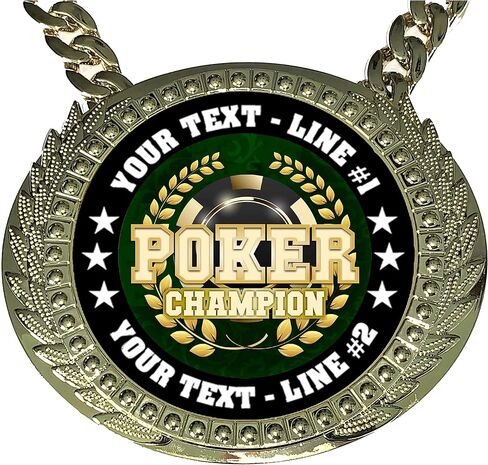 Express Medals Custom Poker Holdem Champ Chain Trophy with 2 Lines of Personalized Text on a Large Rigid Plastic Award Medal and 34 Inch Long Gold Color Neck Chain. Poker in Saudi Arabia