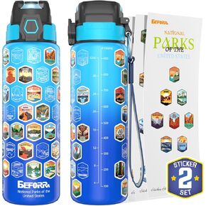 National Parks Water Bottle with 63 Waterproof Stickers & Carry Strap, Durable Plastic Water Bottle 32oz Hiking Water Bottles for Travel, Camping, Gifts for Kids, Men, Women Tritan, BPA Free in Saudi Arabia