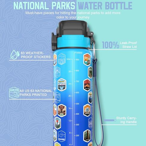 National Parks Water Bottle with 63 Waterproof Stickers & Carry Strap, Durable Plastic Water Bottle 32oz Hiking Water Bottles for Travel, Camping, Gifts for Kids, Men, Women Tritan, BPA Free in Saudi Arabia