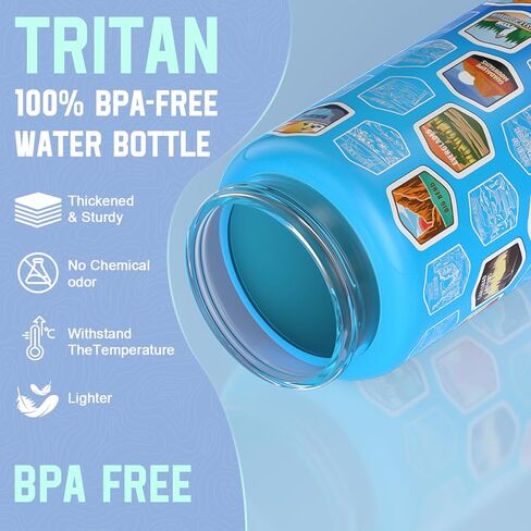 National Parks Water Bottle with 63 Waterproof Stickers & Carry Strap, Durable Plastic Water Bottle 32oz Hiking Water Bottles for Travel, Camping, Gifts for Kids, Men, Women Tritan, BPA Free in Saudi Arabia