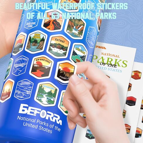 National Parks Water Bottle with 63 Waterproof Stickers & Carry Strap, Durable Plastic Water Bottle 32oz Hiking Water Bottles for Travel, Camping, Gifts for Kids, Men, Women Tritan, BPA Free in Saudi Arabia