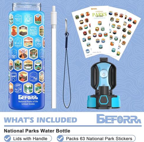 National Parks Water Bottle with 63 Waterproof Stickers & Carry Strap, Durable Plastic Water Bottle 32oz Hiking Water Bottles for Travel, Camping, Gifts for Kids, Men, Women Tritan, BPA Free in Saudi Arabia