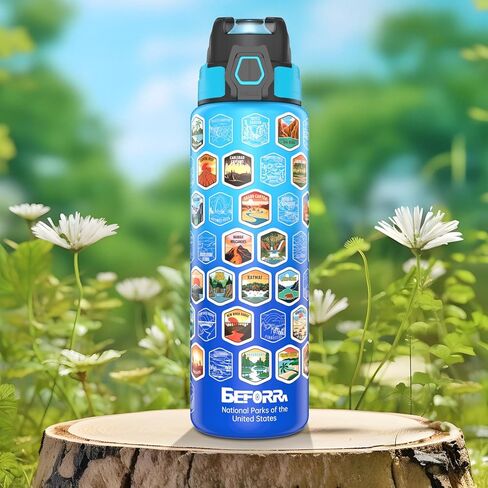 National Parks Water Bottle with 63 Waterproof Stickers & Carry Strap, Durable Plastic Water Bottle 32oz Hiking Water Bottles for Travel, Camping, Gifts for Kids, Men, Women Tritan, BPA Free in Saudi Arabia