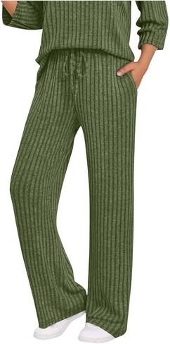 Womens Ribbed Knitted Pants Fall Lounge 2025 Wide Leg Drawstring Elastic Waisted Comfy Sweatpants Loose Sports Pant in Saudi Arabia