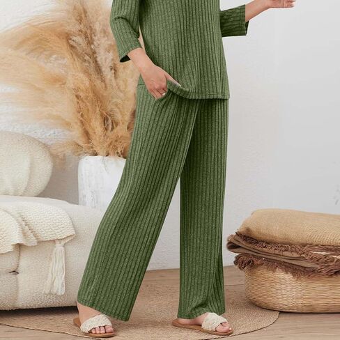 Womens Ribbed Knitted Pants Fall Lounge 2025 Wide Leg Drawstring Elastic Waisted Comfy Sweatpants Loose Sports Pant in Saudi Arabia