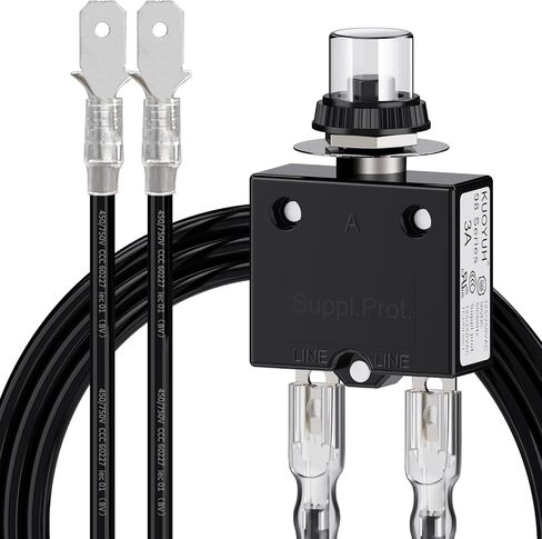 قاطع الدائرة الحرارية ، 98 سلسلة 10AMP 125/250VAC 32VDC إعادة تعيين قاطع الدائرة يدويًا ， مع أطراف الاتصال السريعة وغطاء زر مقاوم للماء السلك -2 * 80 سم/2.6 قدم 16AWG in Saudi Arabia