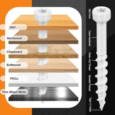 #8 X 1-1/4" White Trim Screws 2 Lb Box, Approx. 240 Pieces, Durable Wood Screws, Serrated Thread for Secure Fastening, Avoid Cam Out, wiht A Drill Bit in Saudi Arabia