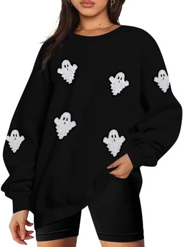 VILOVE Womens Halloween Ghost Sweatshirt: Oversized Sequin Spooky Graphic Shirts Long Sleeve Crewneck Halloween Pullover Tops in Saudi Arabia