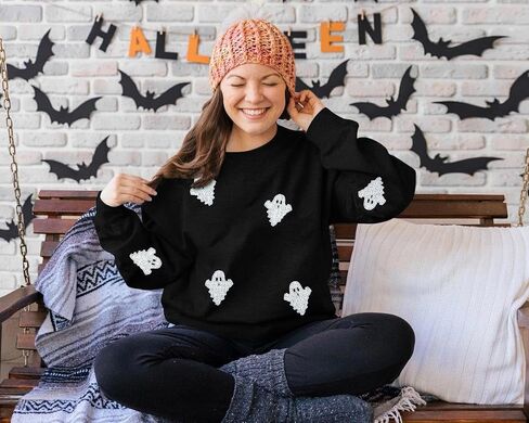 VILOVE Womens Halloween Ghost Sweatshirt: Oversized Sequin Spooky Graphic Shirts Long Sleeve Crewneck Halloween Pullover Tops in Saudi Arabia