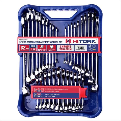 Hitork 32 قطعة مفصلية مجموعة Sae & Metric 20 قياسية و 12 Wrchenches CR-V الصلب 12 نقطة الانتهاء من 15 درجة مع صينية منظم مثالية لإصلاح السيارات والمنزل in Kuwait