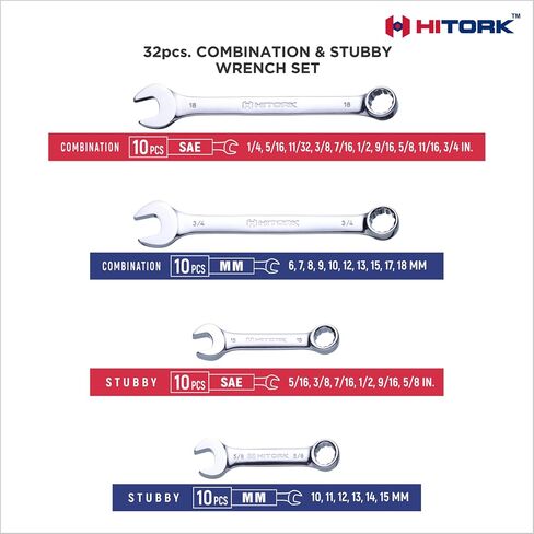 Hitork 32 قطعة مفصلية مجموعة Sae & Metric 20 قياسية و 12 Wrchenches CR-V الصلب 12 نقطة الانتهاء من 15 درجة مع صينية منظم مثالية لإصلاح السيارات والمنزل in Kuwait