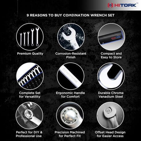 HITORK 32 Piece Wrench Set SAE & Metric 20 Standard & 12 Stubby Combination Wrenches Cr-V Steel 12-Point Mirror Finish 15° Offset with Organizer Tray Ideal for Auto & Home Repair in Saudi Arabia