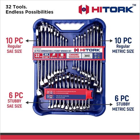 Hitork 32 قطعة مفصلية مجموعة Sae & Metric 20 قياسية و 12 Wrchenches CR-V الصلب 12 نقطة الانتهاء من 15 درجة مع صينية منظم مثالية لإصلاح السيارات والمنزل in Kuwait