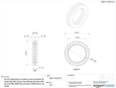 SKF 51107 محمل دفع اتجاه واحد ، 3 قطع ، سباق الأخدود ، زاوية التلامس 90 درجة ، ABEC 1 الدقة ، المفتوحة ، القفص الصلب ، حملة 35 مم ، 53 مم OD ، عرض 12 مم ، 8430LBF سعة تحميل ثابت in Saudi Arabia