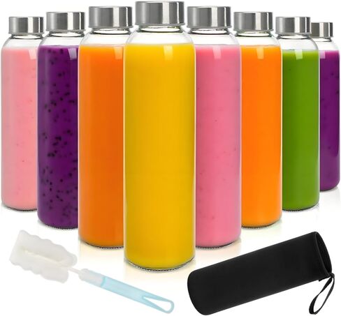 8 Pack Glass Juice Bottles with Lids, 18 Oz Reusable Glass Water Bottle with Brush Protective Sleeve, Portable Clear Glasses Containers Drinking Jars for Smoothie, Milk, Juice, Tea, Leakproof in Saudi Arabia