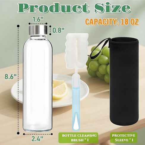 8 Pack Glass Juice Bottles with Lids, 18 Oz Reusable Glass Water Bottle with Brush Protective Sleeve, Portable Clear Glasses Containers Drinking Jars for Smoothie, Milk, Juice, Tea, Leakproof in Saudi Arabia