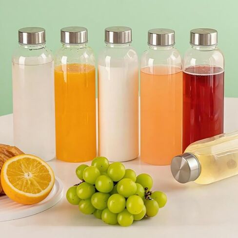 8 Pack Glass Juice Bottles with Lids, 18 Oz Reusable Glass Water Bottle with Brush Protective Sleeve, Portable Clear Glasses Containers Drinking Jars for Smoothie, Milk, Juice, Tea, Leakproof in Saudi Arabia